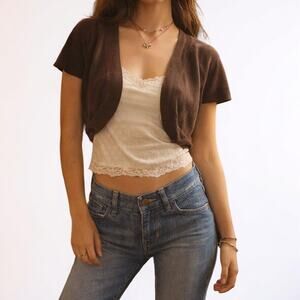 Vintage Y2K Ann Taylor LOFT Brown Cropped Cardigan Short Sleeve Shrug Large